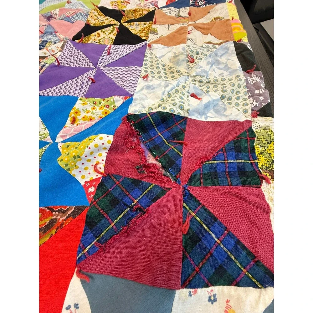 Vintage Handmade Patchwork Pinwheel Quilt Multi Color Scrappy Folk Art 78x65